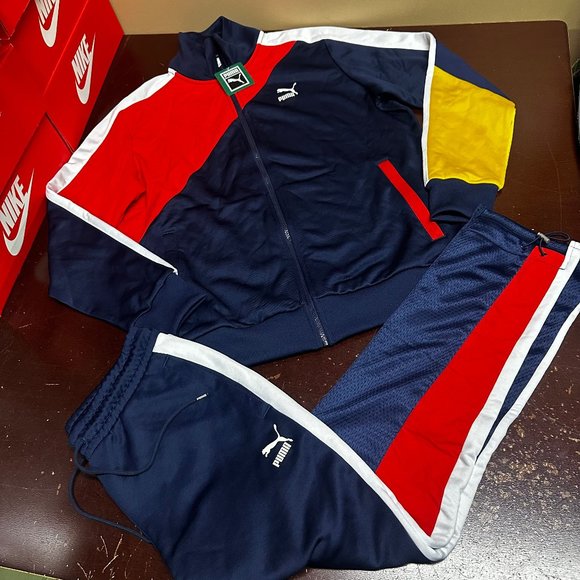 Puma Mens Multicolor Peacoat T7 Fashion Full Zip Jacket & Pant 2 Piece Tracksuit